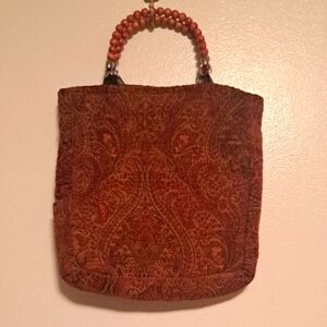 Vintage Beaded Handle Tapestry Bag Handmade Lined 12x12"